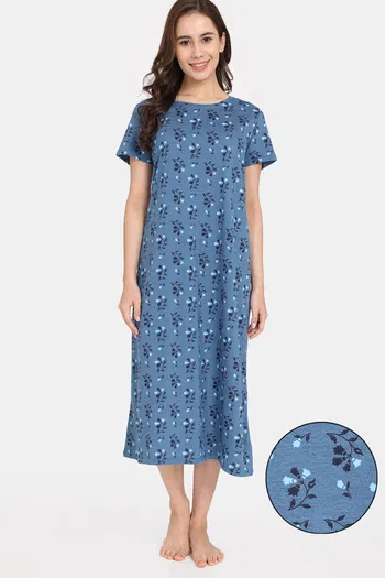 Buy Rosaline Bloom Fest Knit Cotton Mid Length Nightdress - Blue Sapphire